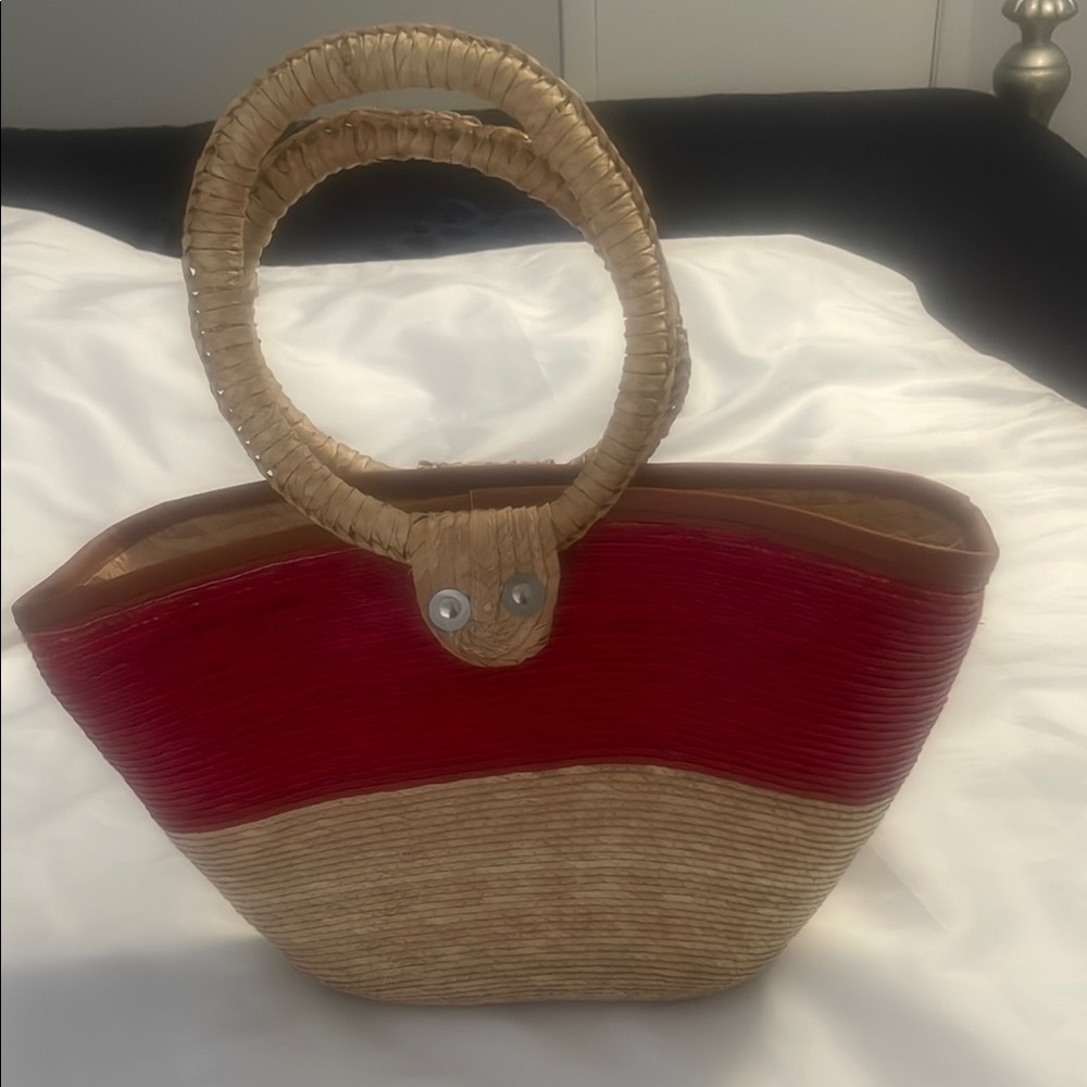 Vibrant Red and Tan Woven Tote with Basket Shape